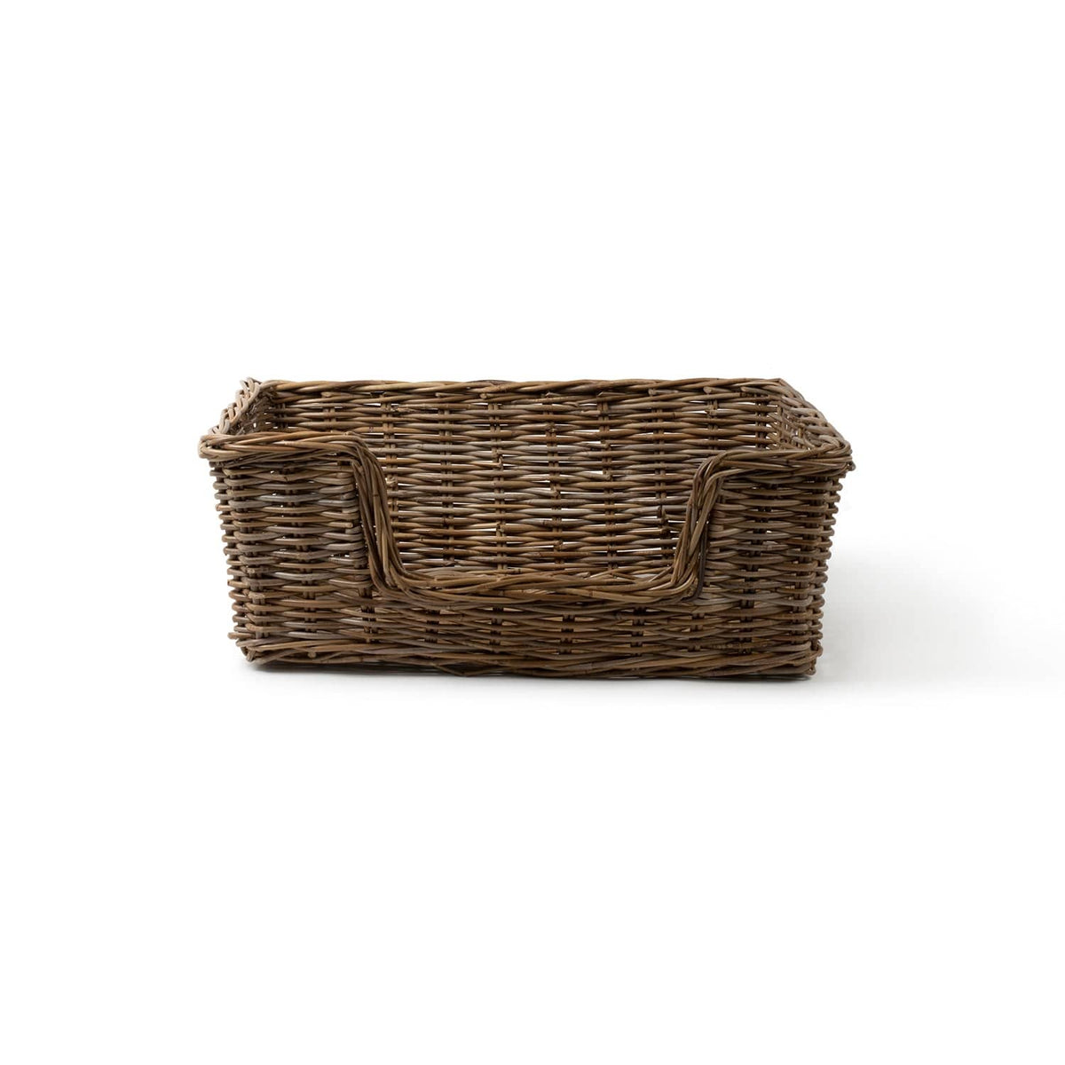 A rectangular woven wicker basket with integrated side handles, shown from a front angle on a clean white background.