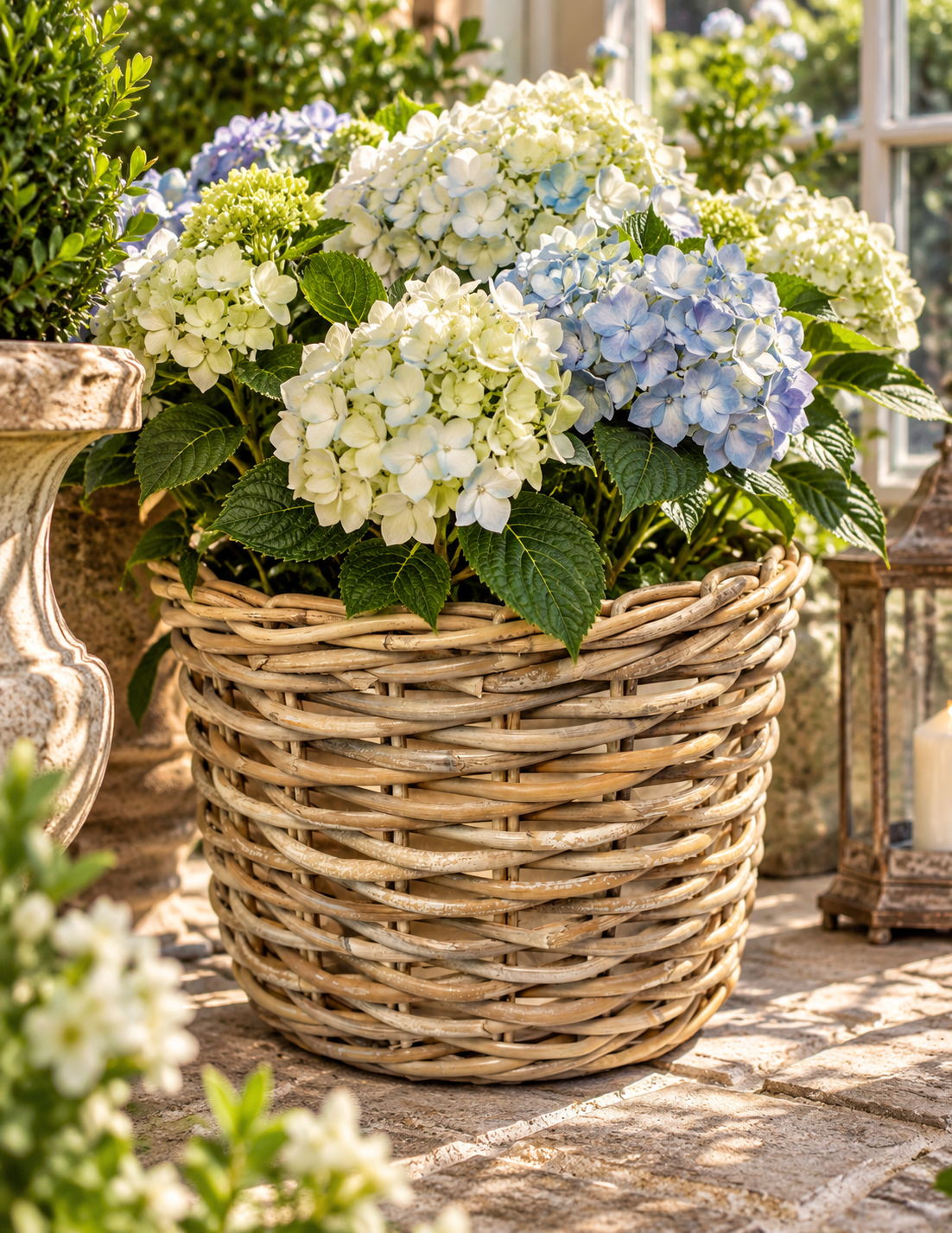 A large round woven wicker basket filled with white and light blue hydrangea flowers and green leaves, placed on a stone patio in a garden setting.