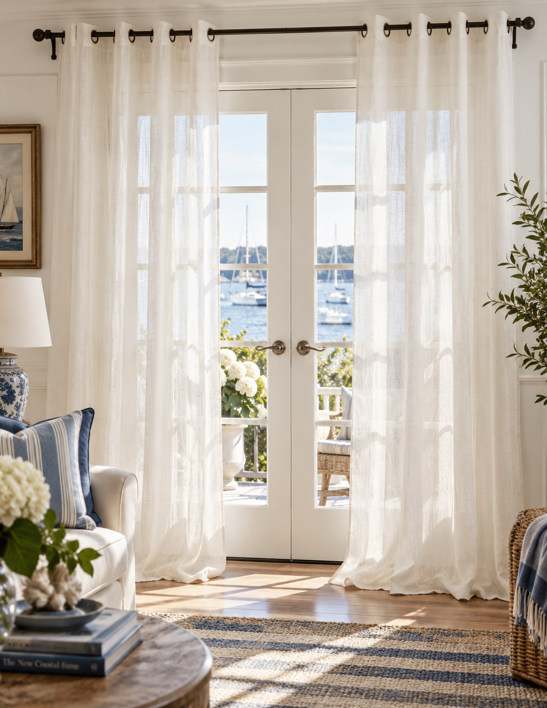 White sheer grommet-top curtains hanging on a black rod over double glass doors, with a bright coastal interior and harbor view in the background.