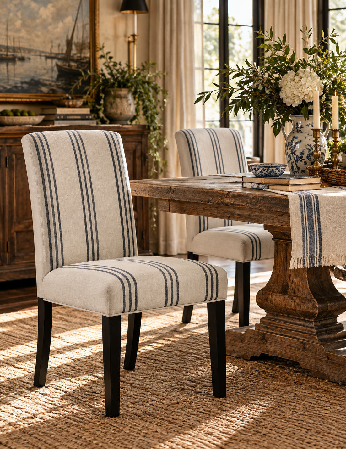 A dining room scene with two upholstered dining chairs featuring cream fabric and dark navy vertical stripes, set around a rustic wooden table with a table runner.
