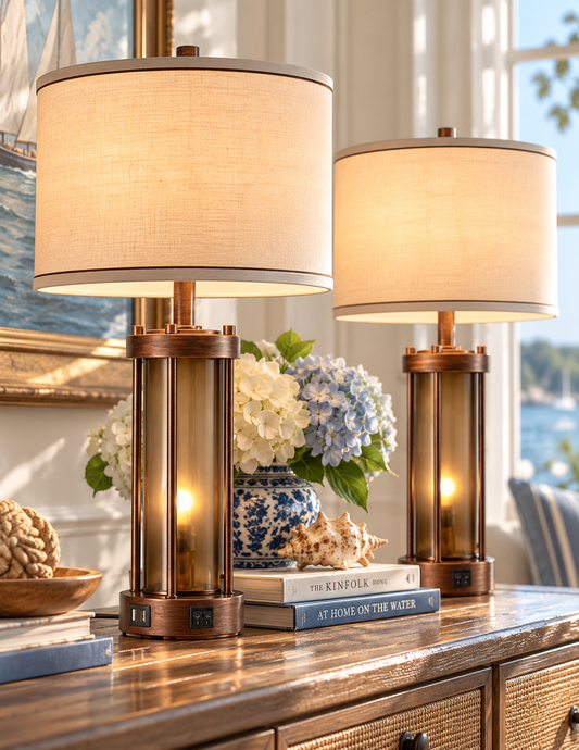 Two matching table lamps with warm beige fabric drum shades and brushed brass cylindrical bases, styled on a wooden console table with books, flowers, and a vase in a bright interior setting.