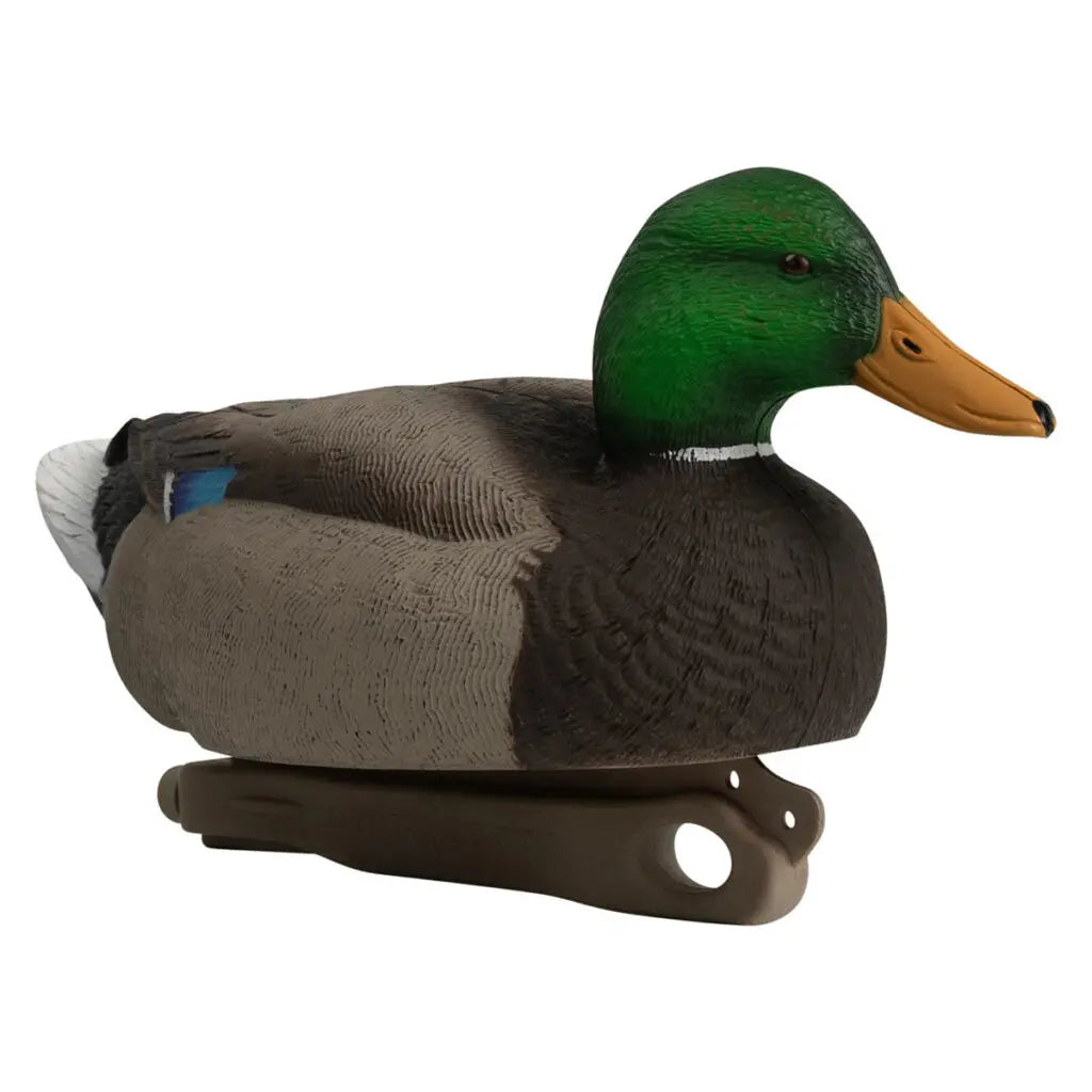 Duck decoy with green head and brown body on a white background