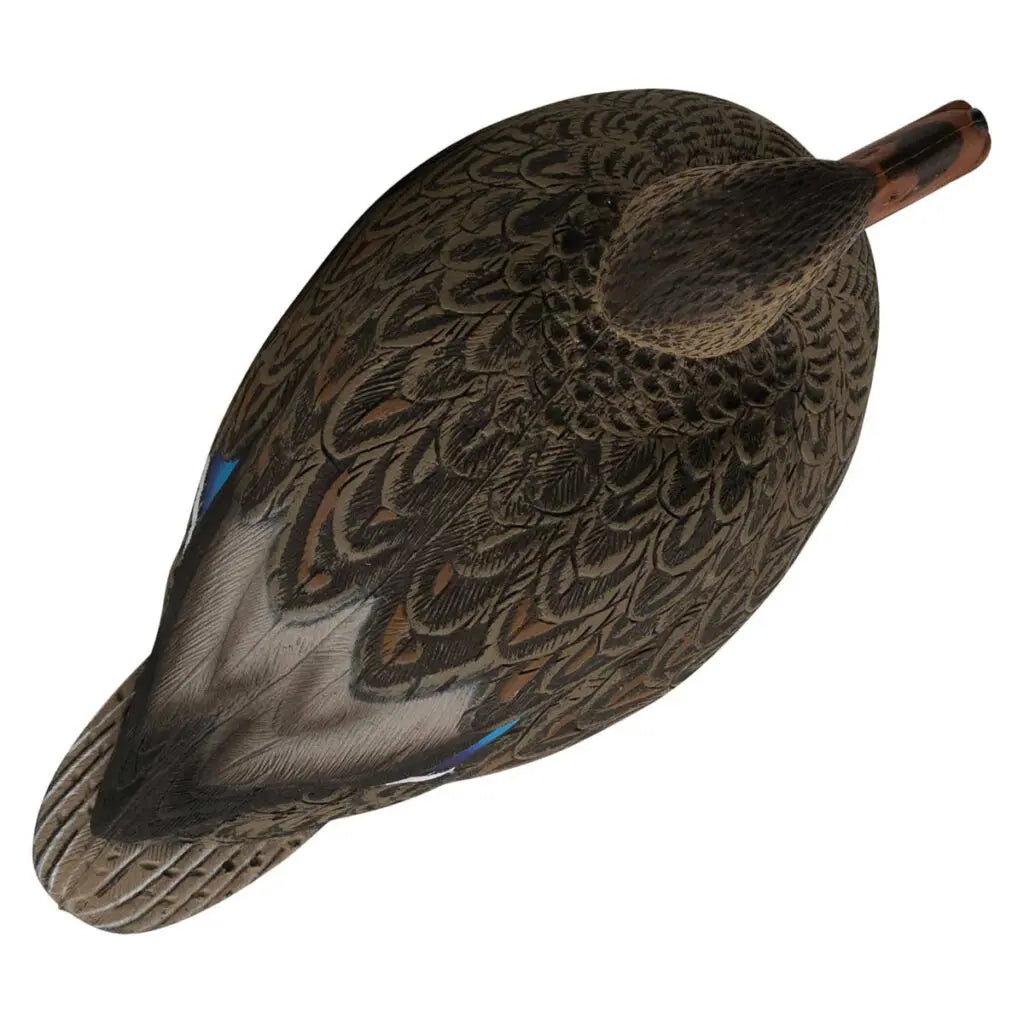 Wooden duck decoy with detailed feather pattern on a white background