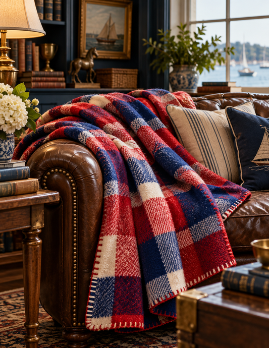 A red, navy, and cream plaid throw blanket is draped over a brown leather sofa in a cozy, decorated living room with books, a lamp, and a window view.