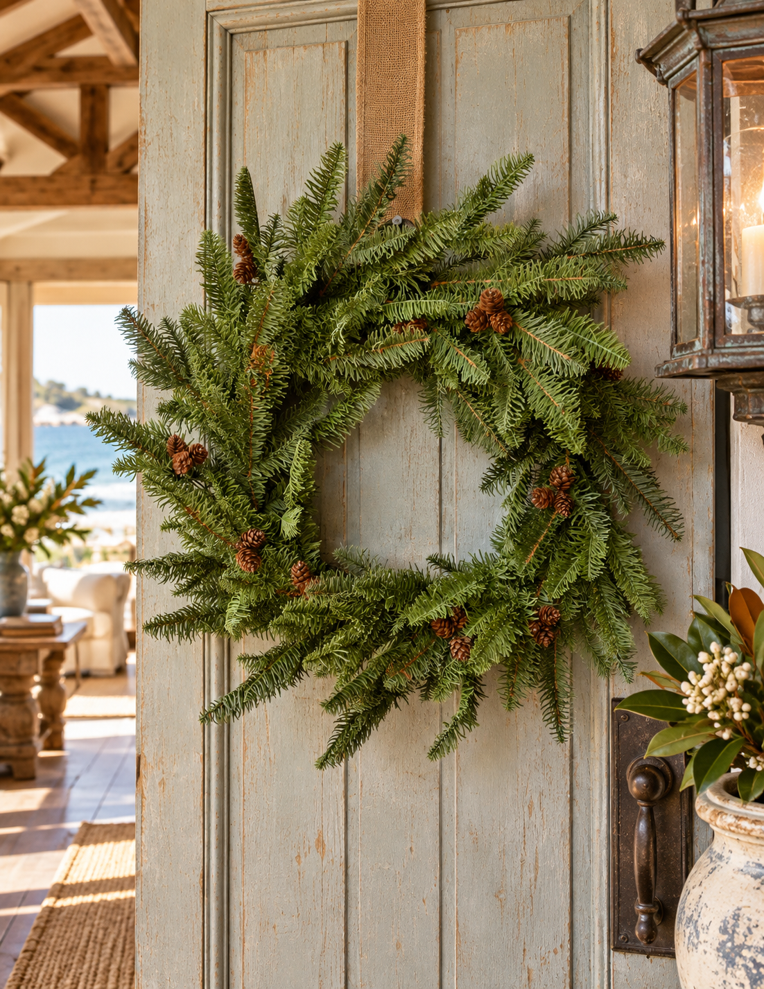 A green evergreen wreath with small pinecones hanging on a distressed light blue-gray wooden door, with a lantern and flowers visible in a porch setting.
