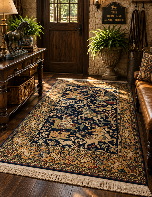 Vintage Persian Qum Hunting Scene Hand-Knotted Wool Rug – Navy & Mustard, 4' x 5'