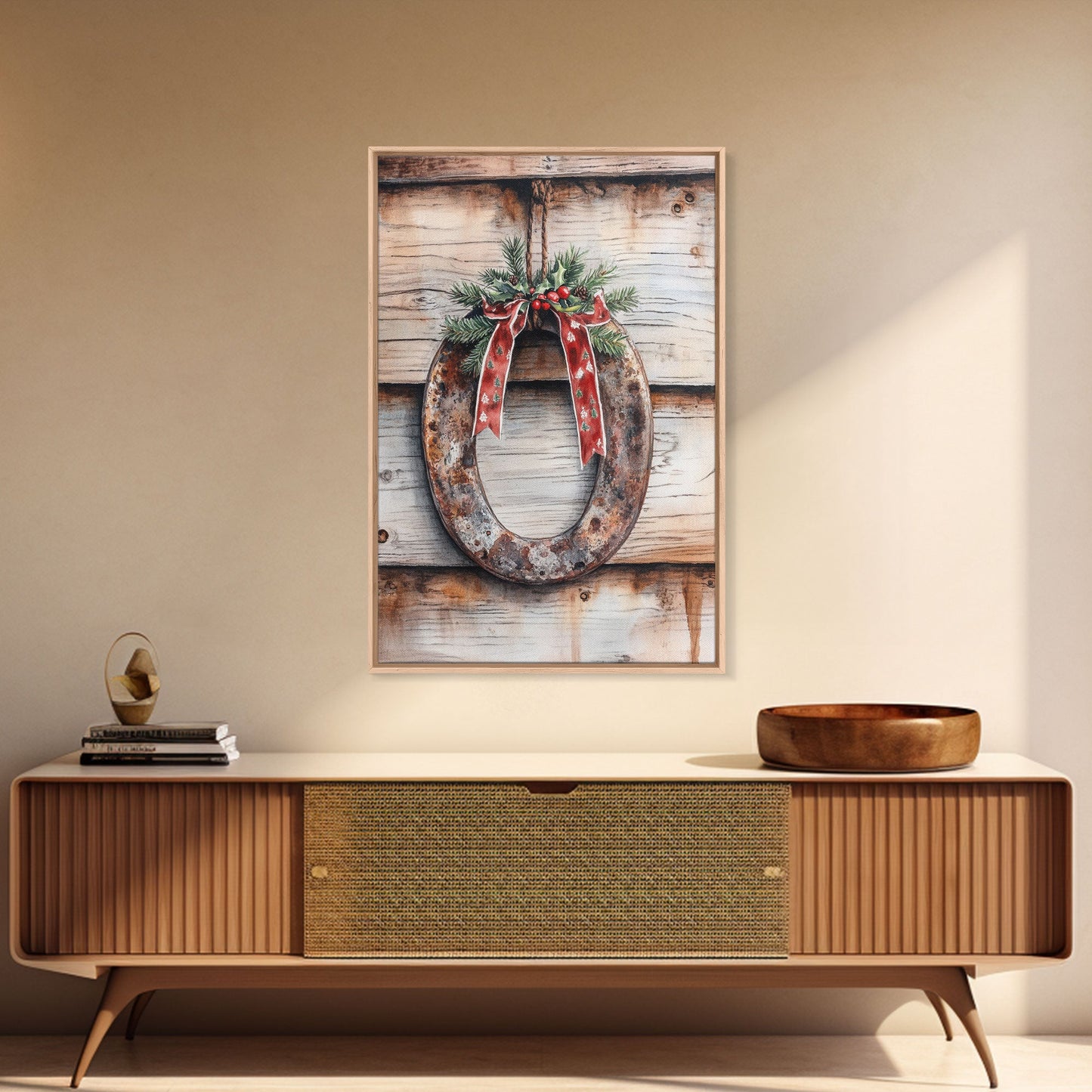 Christmas Horseshoe Framed Canvas Print, Horse Shoe With Mistletoe, Wood Framed Christmas Art, Western Decor, Boho Christmas, Minimalist
