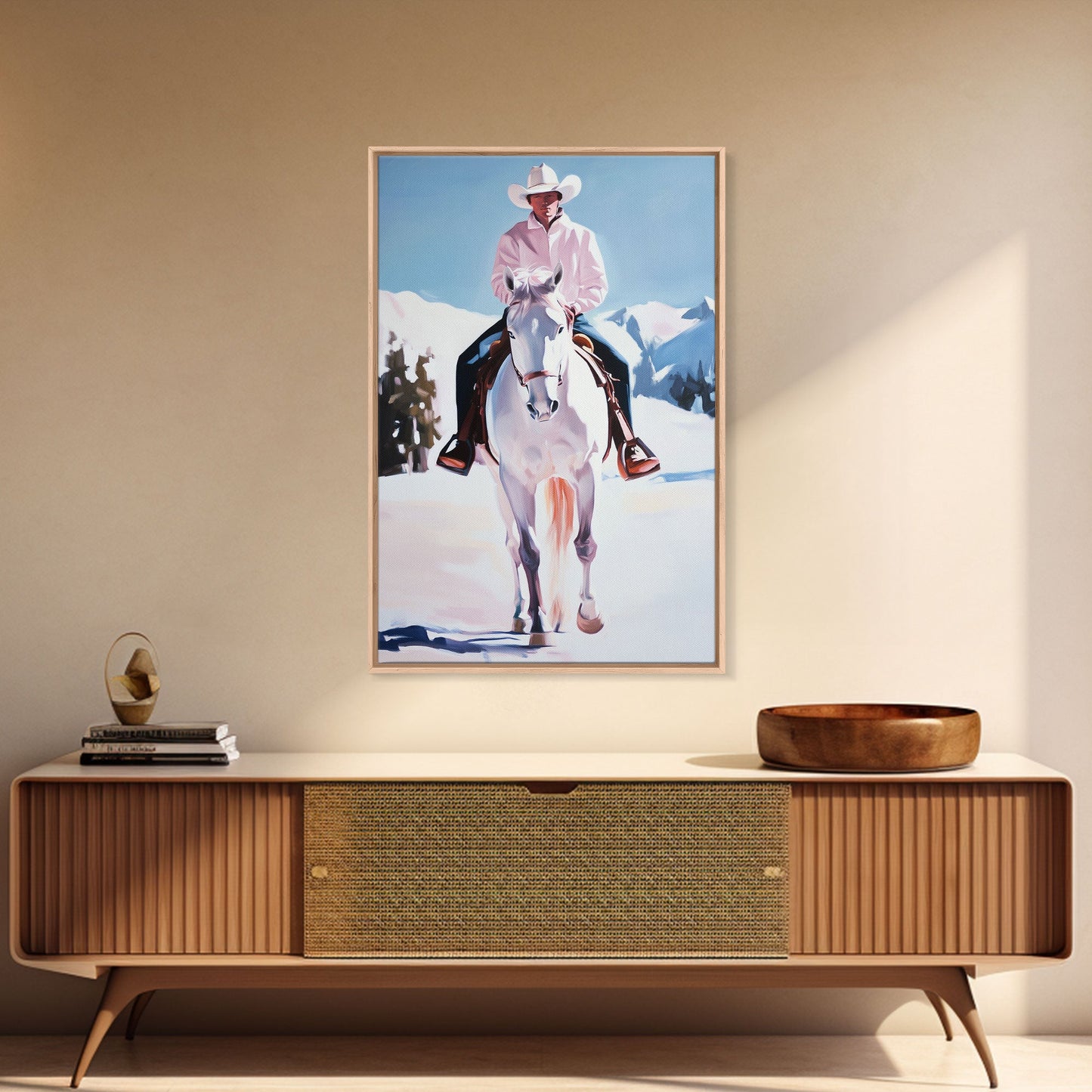 Lone Cowboy on White Horse in Snowy Landscape Canvas Print Winter Christmas Art Seasonal Wall Art Vintage Christmas Moody Landscape Gift