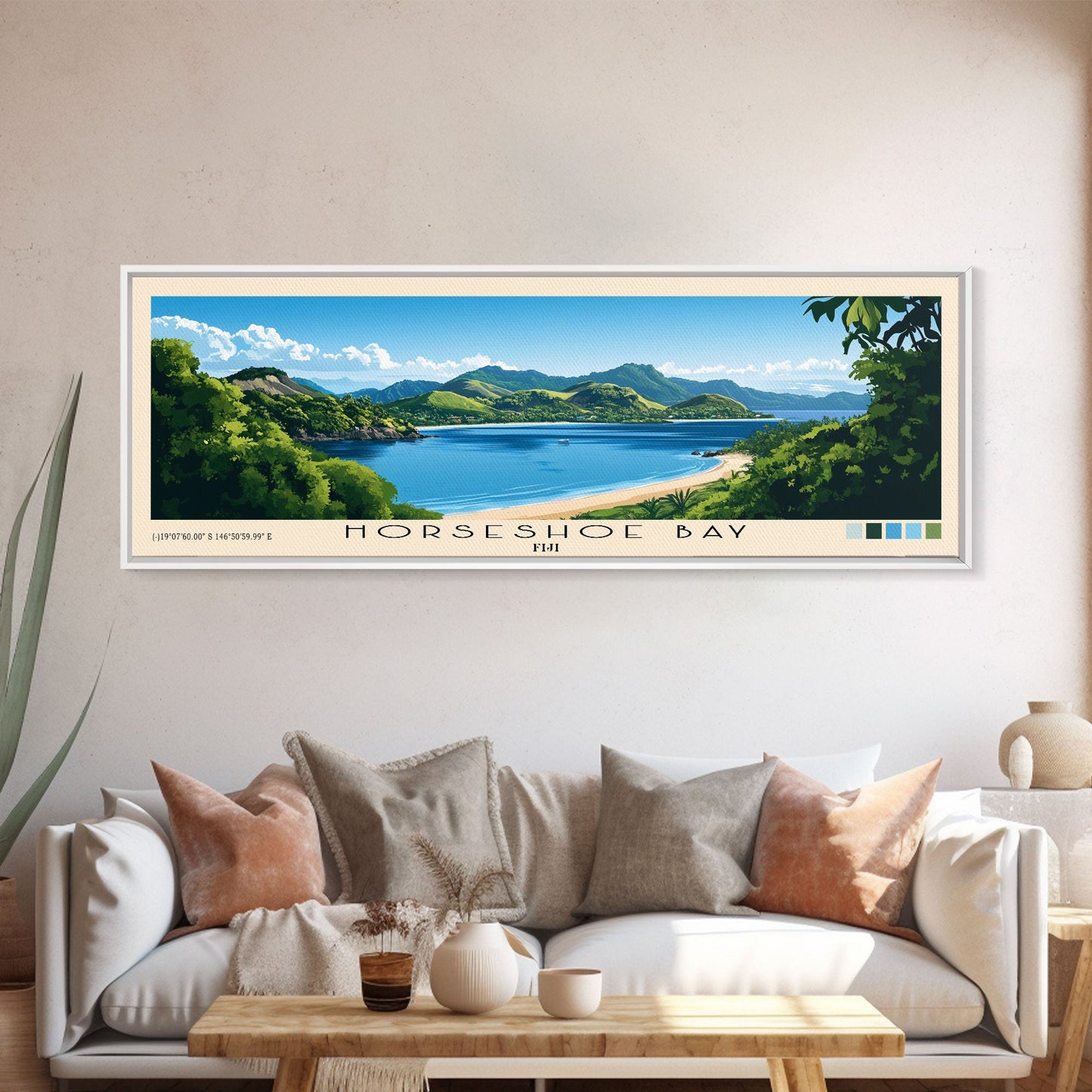 Horseshoe Bay, Fiji Panoramic Beach Print, Vacation Gift, Fiji Wall Art, Framed Canvas Print, Framed Beach Painting