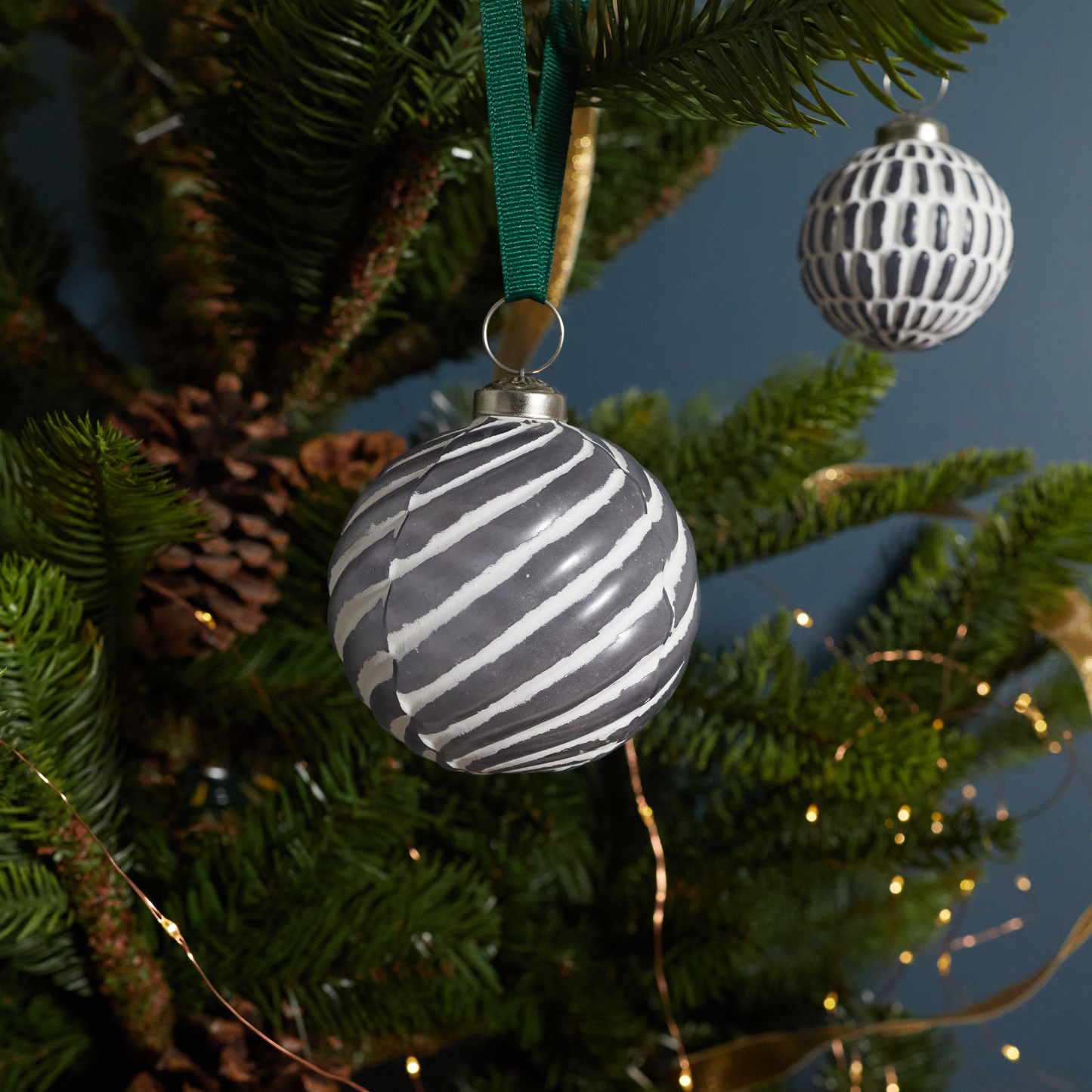 White & Grey Glass Ornament, Spiral Lines Ball