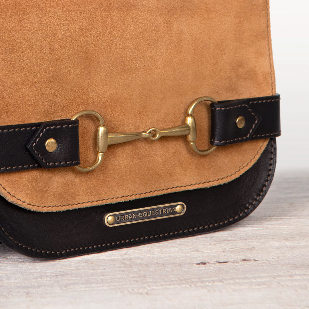 Saratoga- Horse Bit Crossbody Luxury Leather Handbag in Black on Chestnut