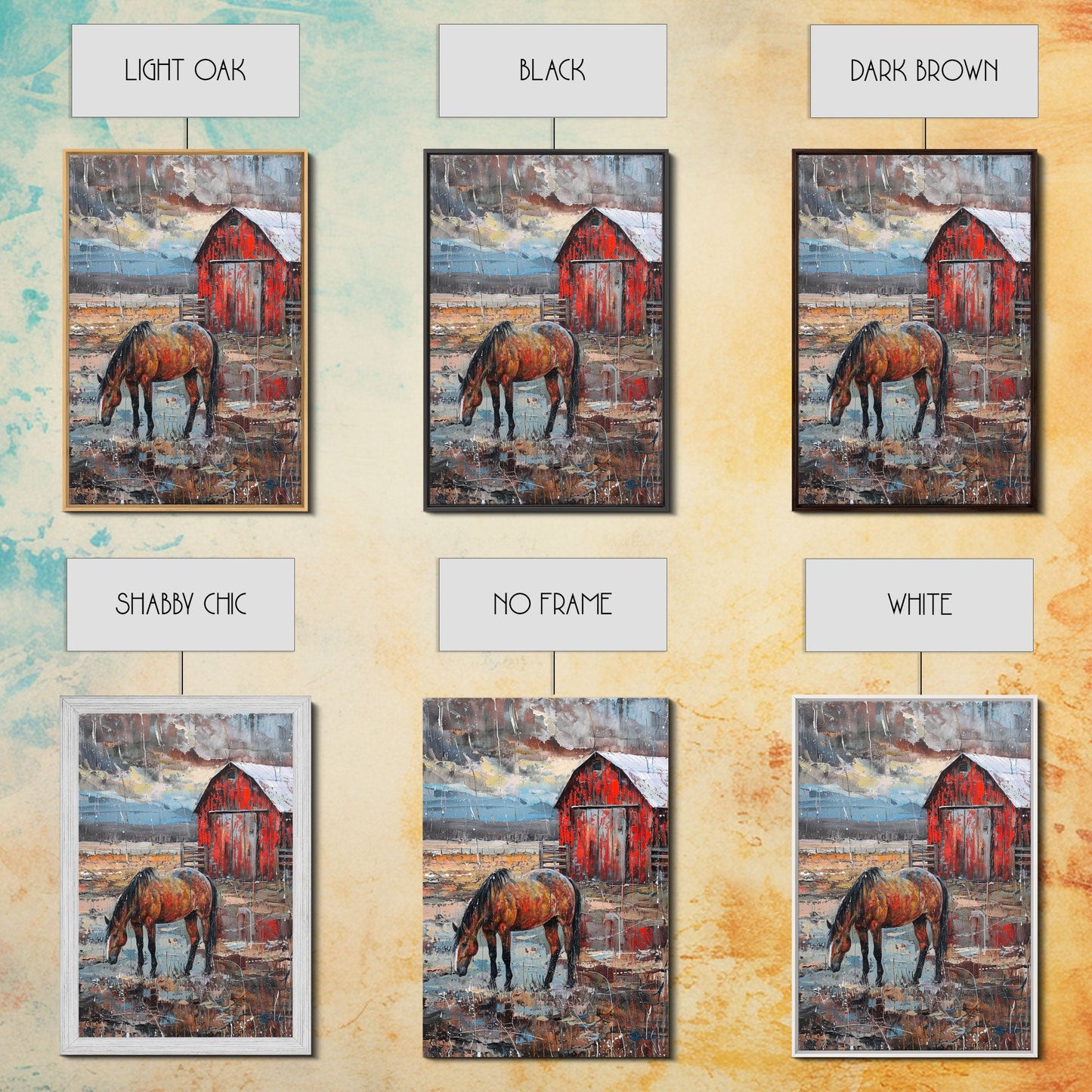 Red Barn and Horse Art Print - Framed Canvas Print, Rustic Living Room Decor, Farmhouse Wall Art, Horse and Barn Home Decoration