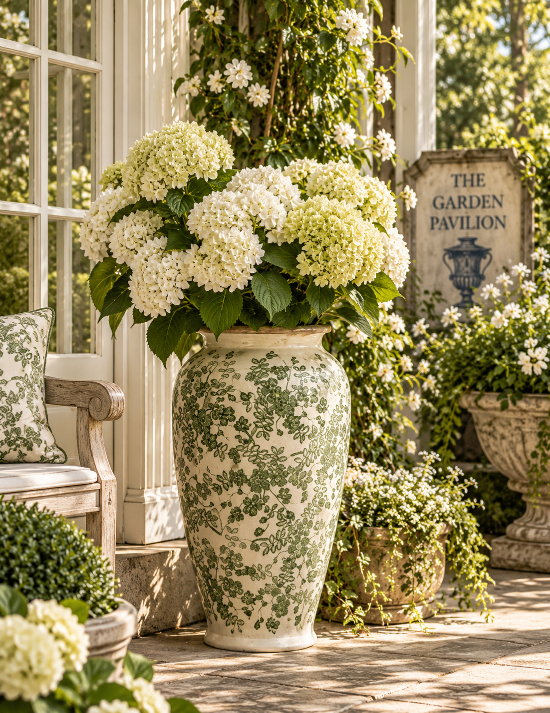 A large ceramic planter with a green toile pattern on an off-white base, filled with abundant white hydrangea blooms, set on a sunlit porch with garden foliage and a sign reading 'The Garden Pavilion'.