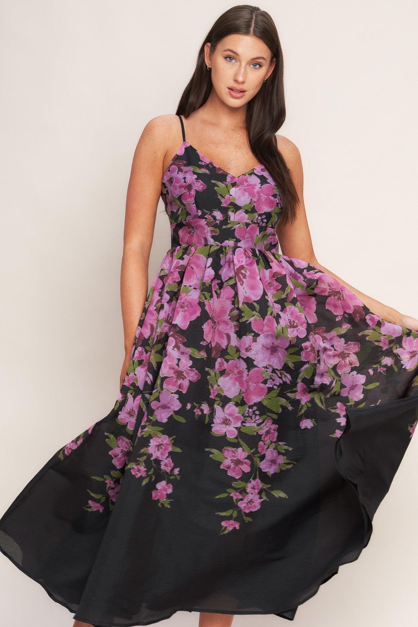 NIGHTFALL BLOSSOM WOVEN MIDI DRESS