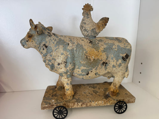 Resin 10" Brown Spring Rustic Cow and Chicken On Wheels