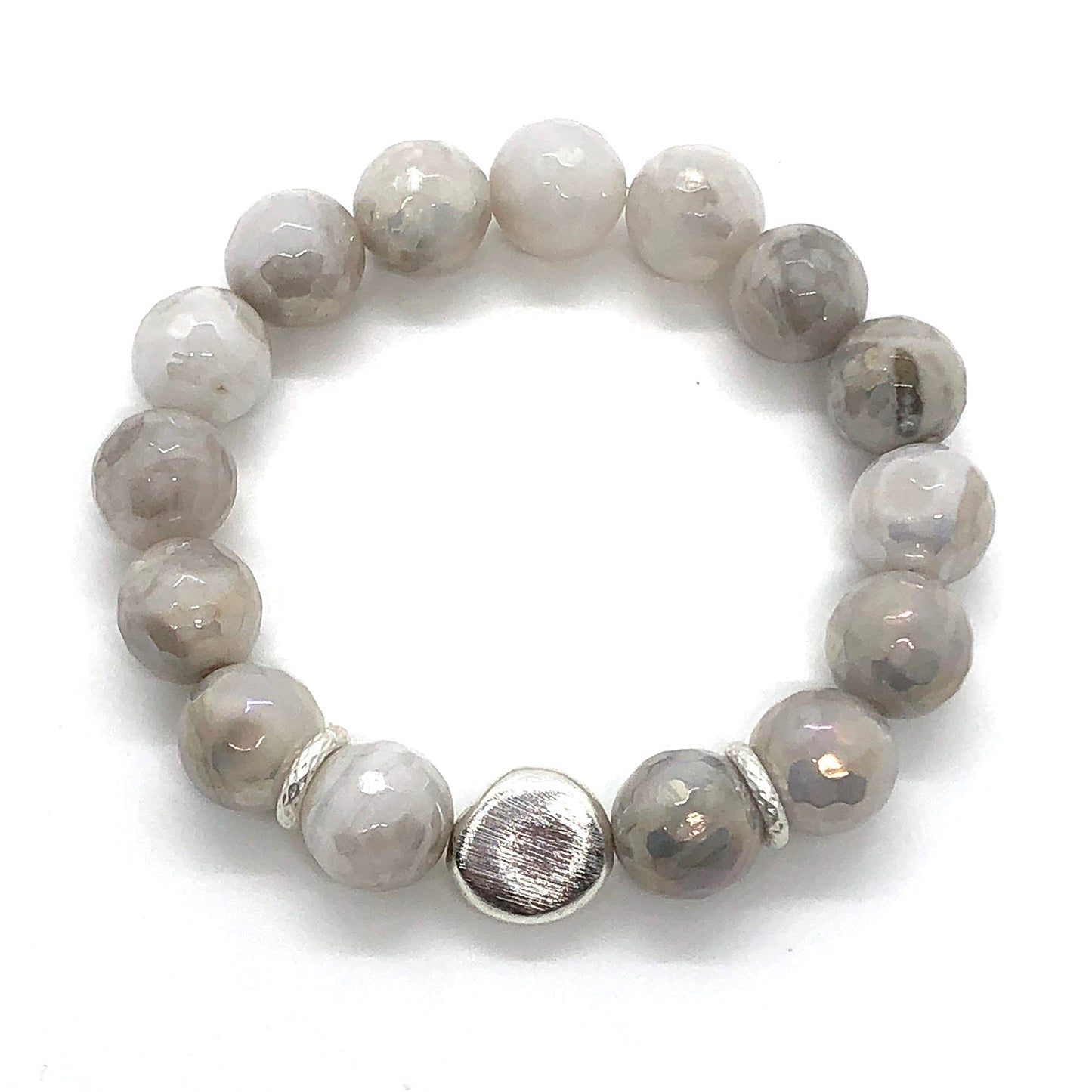 Gray Snowflake Glazed Agate Stretch Bracelet