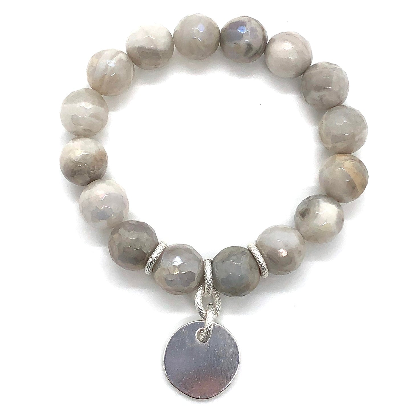 Gray Snowflake Glazed Agate Stretch Bracelet With Charm