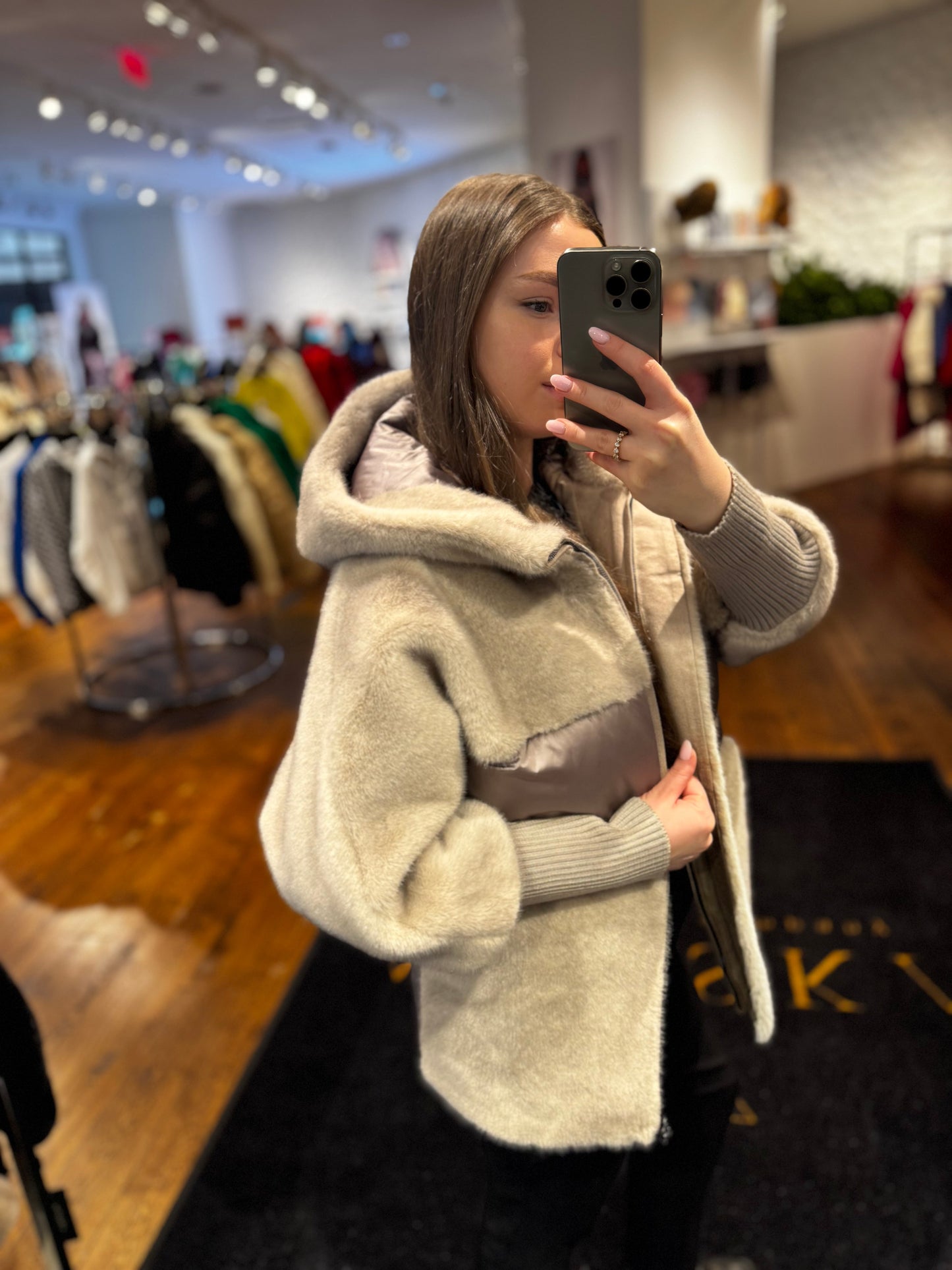 Claire Eco-Fur Bio-Down Fill Jacket in Taupe Grey