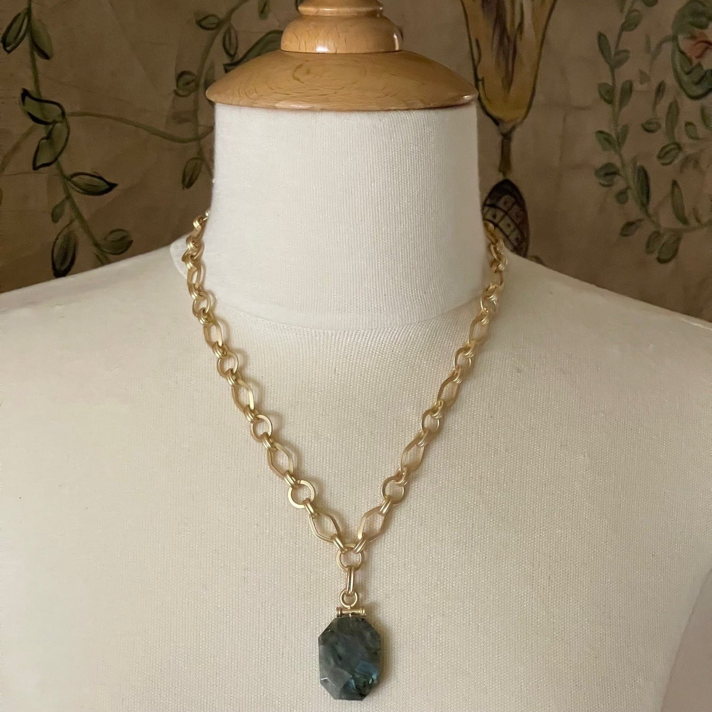 Natural Labradorite Pendant on Matte Gold Chain