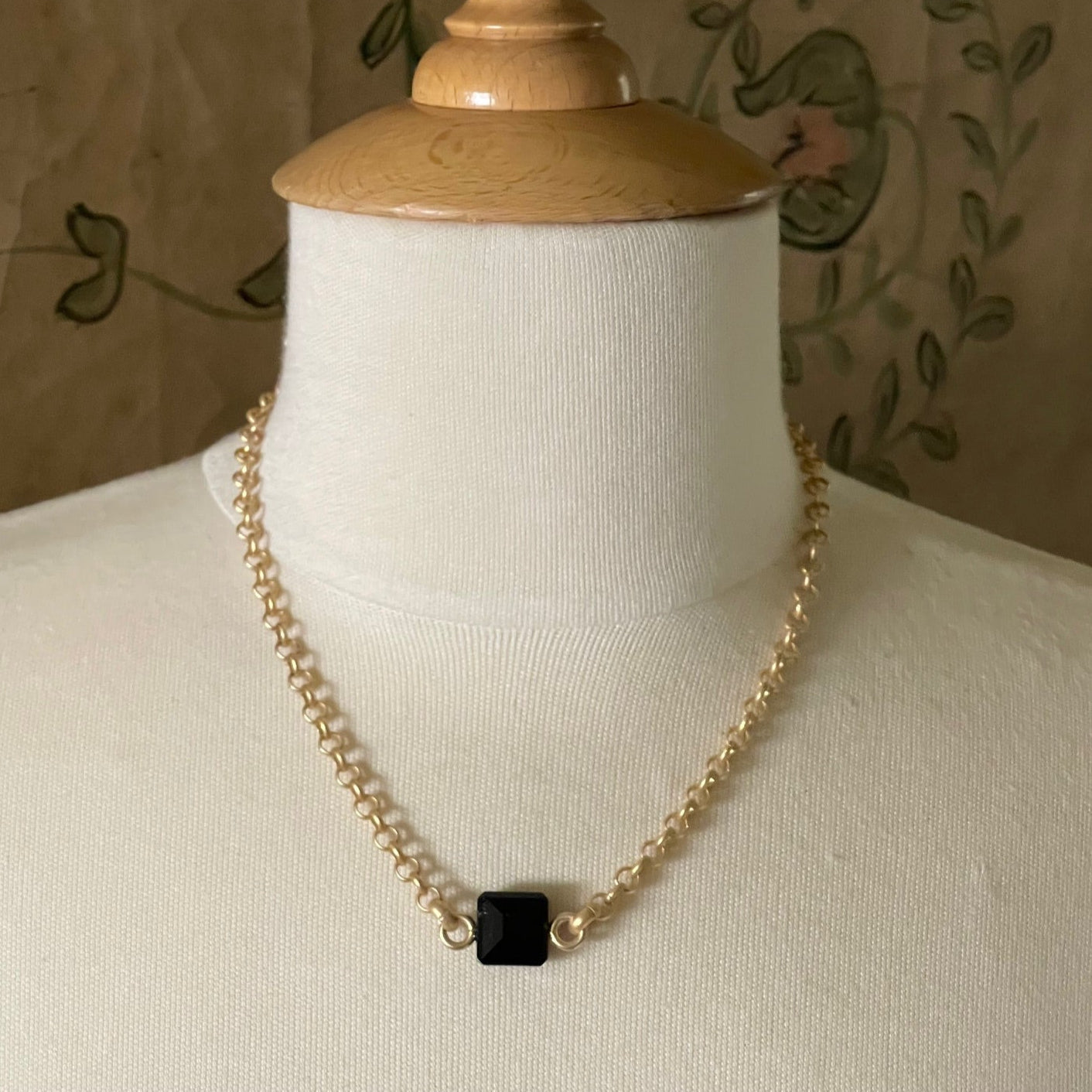 Square Black Crystal On Matte Gold Chain Necklace