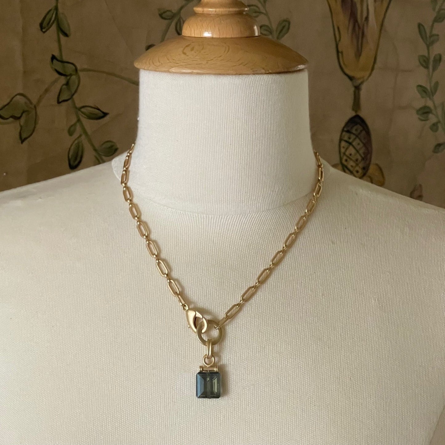 Square Blue Crystal Front Closure Necklace On Matte Gold Chain