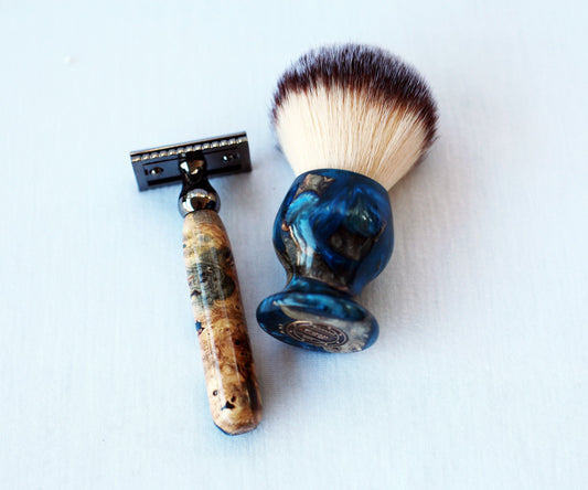 Buckeye Burl Shave Set – Handmade Safety Razor, 26mm Synthetic Shaving Brush & Stand – Blue Resin Wet Shaving Kit – Luxury Men’s Grooming Gift