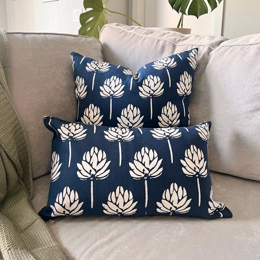The Lotus Bloom Navy Linen Throw Pillow Cover