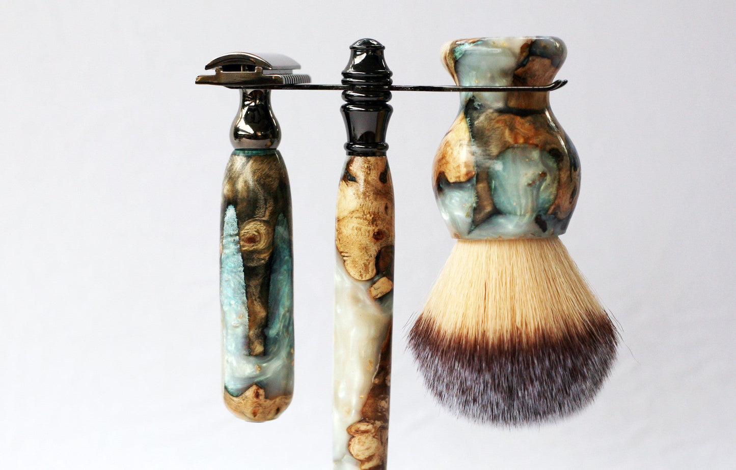 Buckeye Burl Wood Hand Crafted Shave Set with 'Travel to Jupiter'( pearl)Resin safety razor, 26mm lather brush and a matching shave stand.