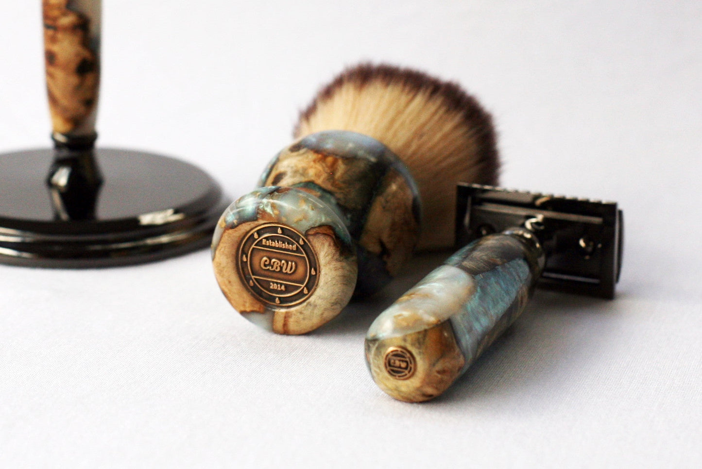 Buckeye Burl Wood Hand Crafted Shave Set with 'Travel to Jupiter'( pearl)Resin safety razor, 26mm lather brush and a matching shave stand.