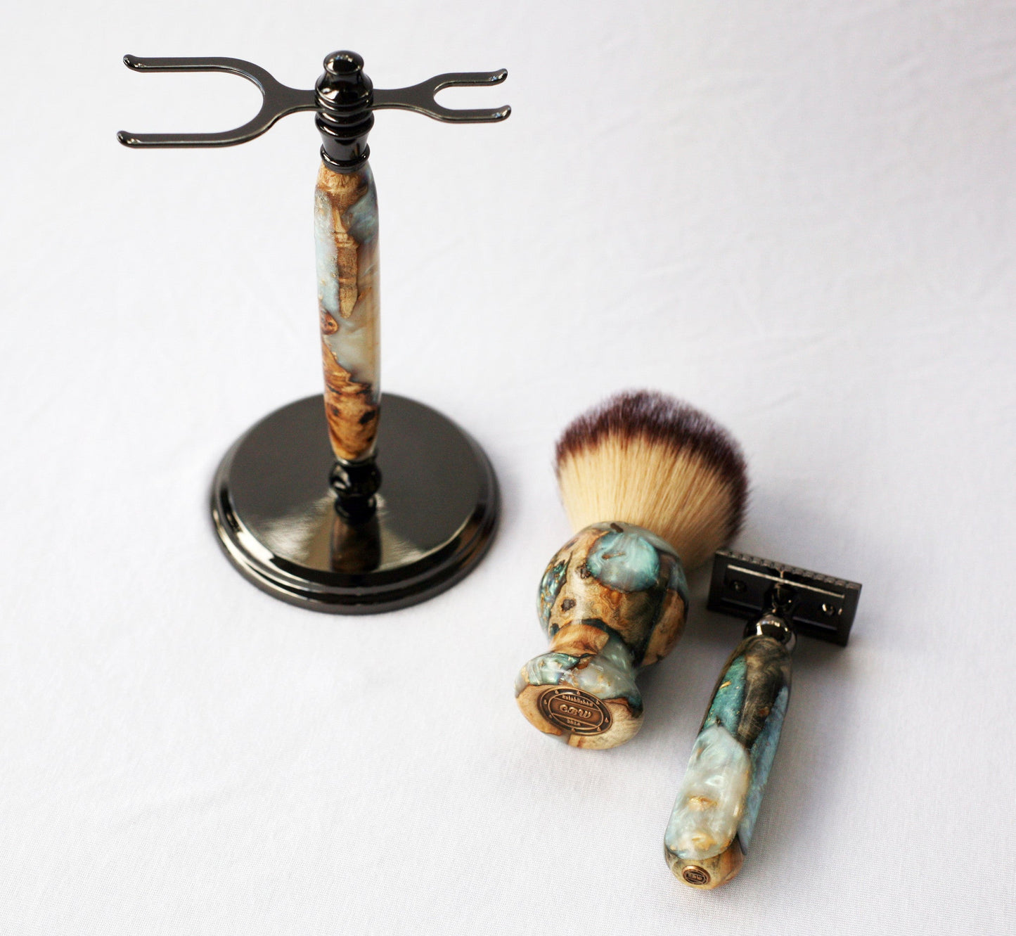 Buckeye Burl Wood Hand Crafted Shave Set with 'Travel to Jupiter'( pearl)Resin safety razor, 26mm lather brush and a matching shave stand.