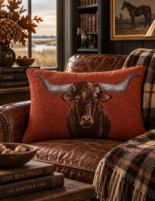A rectangular woven throw pillow featuring a detailed brown and black steer illustration with gray horns, set against a rust-orange textured background. The pillow is styled on a brown leather armchair in a cozy, rustic room with a plaid blanket, books, and horse-themed decor.