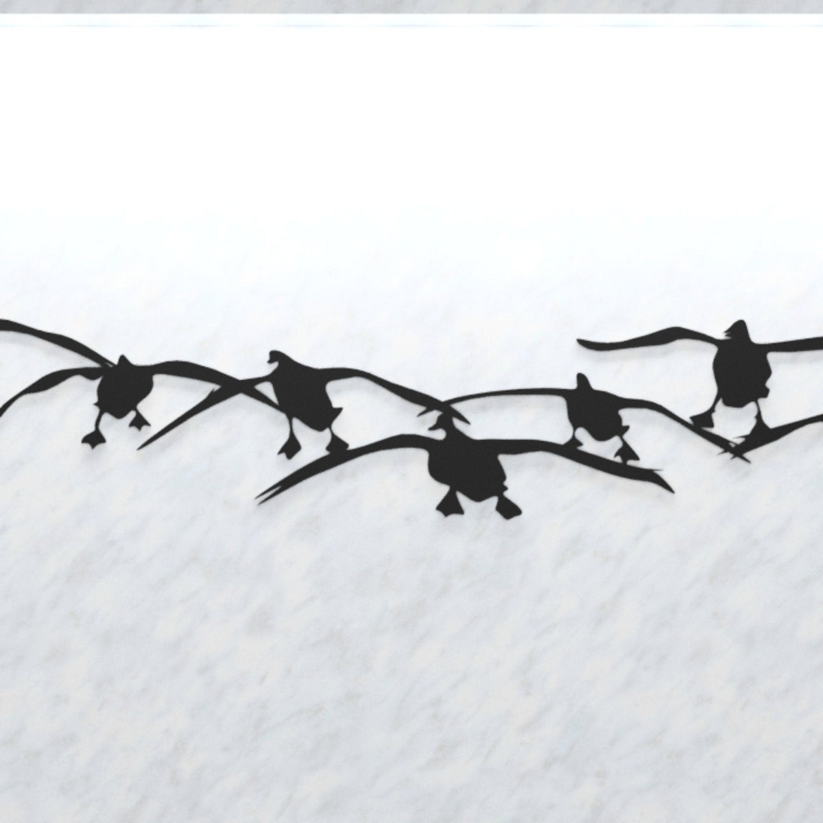 Black silhouette of geese flying in a V-formation on a white background