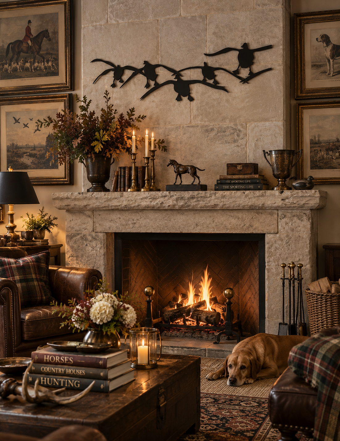 A cozy rustic living room with a stone fireplace, a lit fire, framed hunting artwork on the walls, a dog lying on the rug nearby, and a coffee table in the foreground.