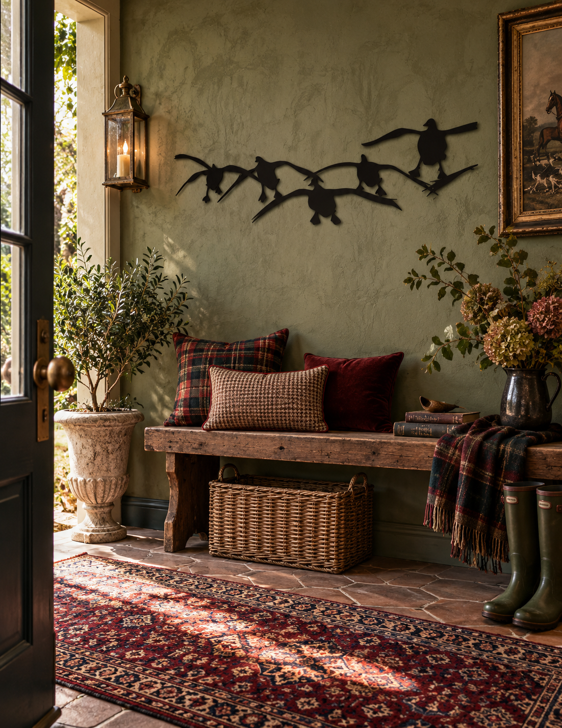 A rustic wooden bench with plaid and textured throw pillows sits in a styled entryway. A wicker storage basket rests beneath the bench, and a red patterned rug covers the stone floor.