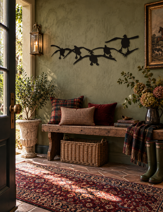 A rustic wooden bench with plaid and textured throw pillows sits in a styled entryway. A wicker storage basket rests beneath the bench, and a red patterned rug covers the stone floor.