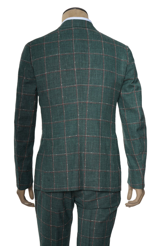 Isaia Double Breasted Double Windowpane Wool-Silk-Linen Suit