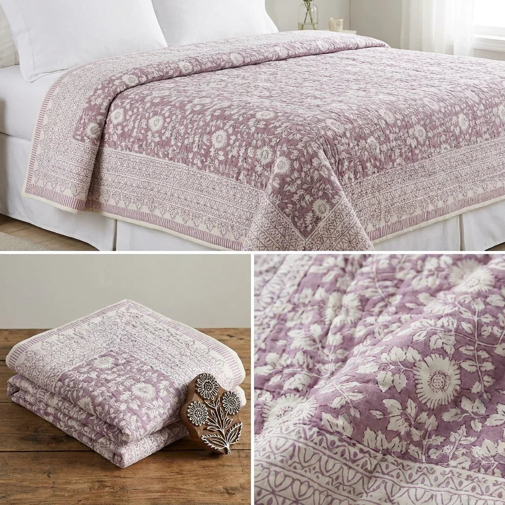 The Jaipur Sage Floral Hand Block Printed Quilted Comforter