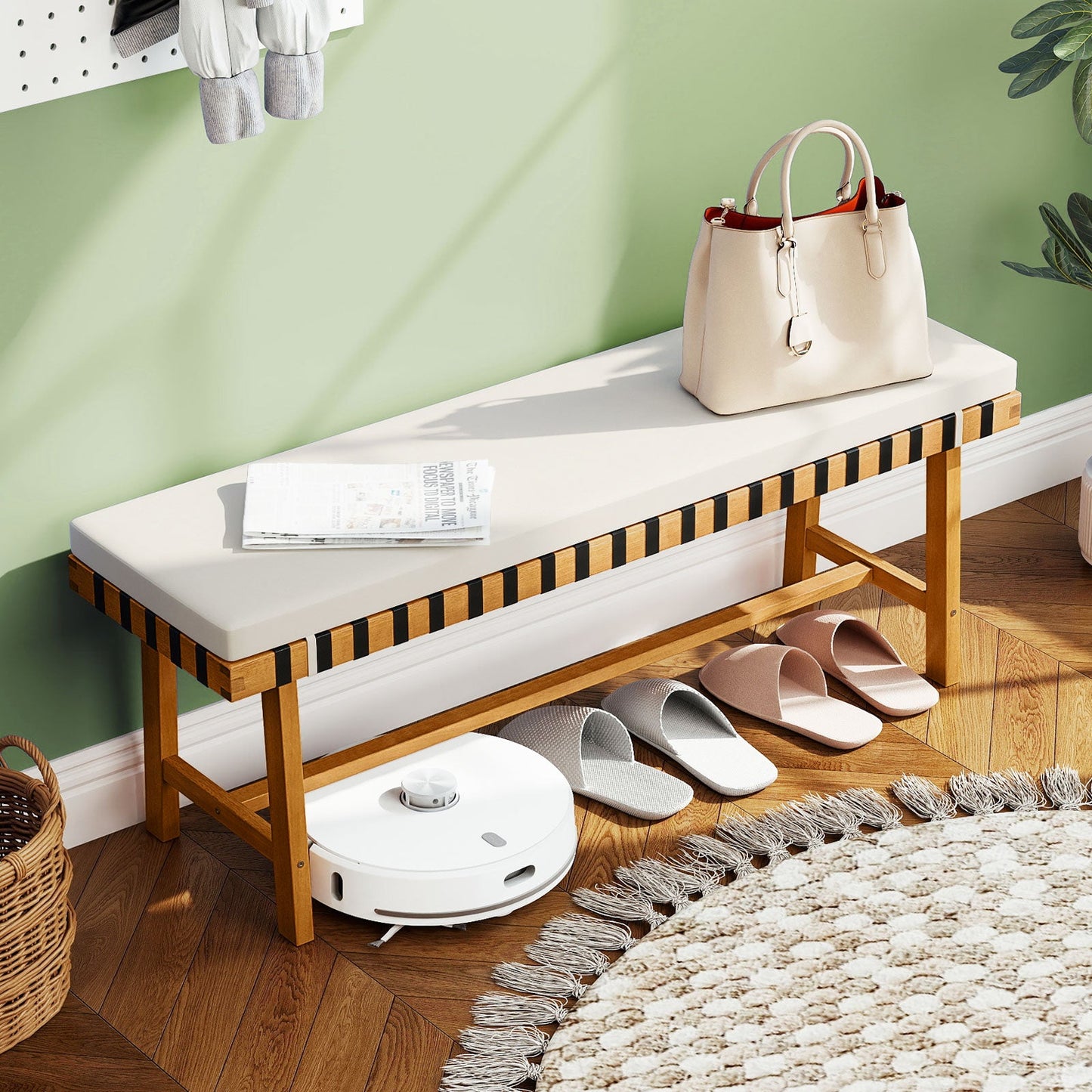 48 inch Acacia Wood Outdoor Bench with Thick Padded Seat Cushion