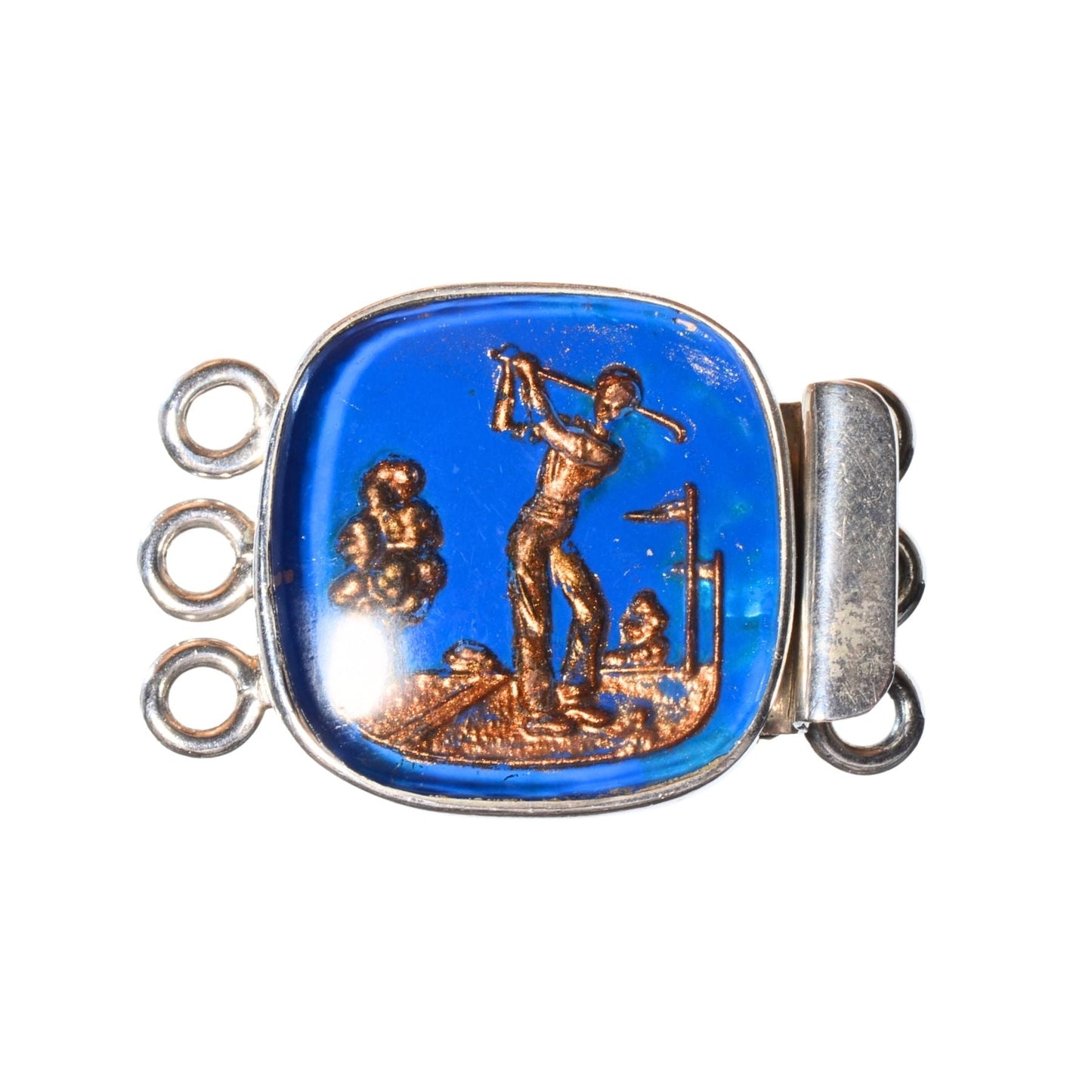 Sterling Silver Golf Scene Clasp with Blue Glass Inlay - 3 Strand