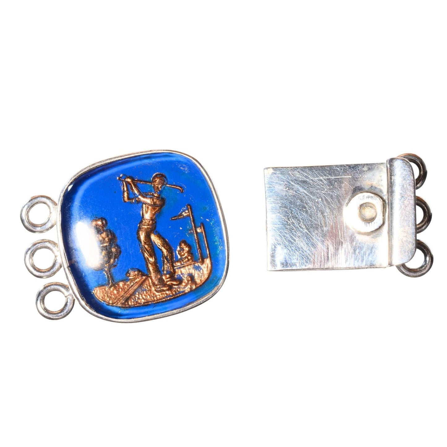 Sterling Silver Golf Scene Clasp with Blue Glass Inlay - 3 Strand