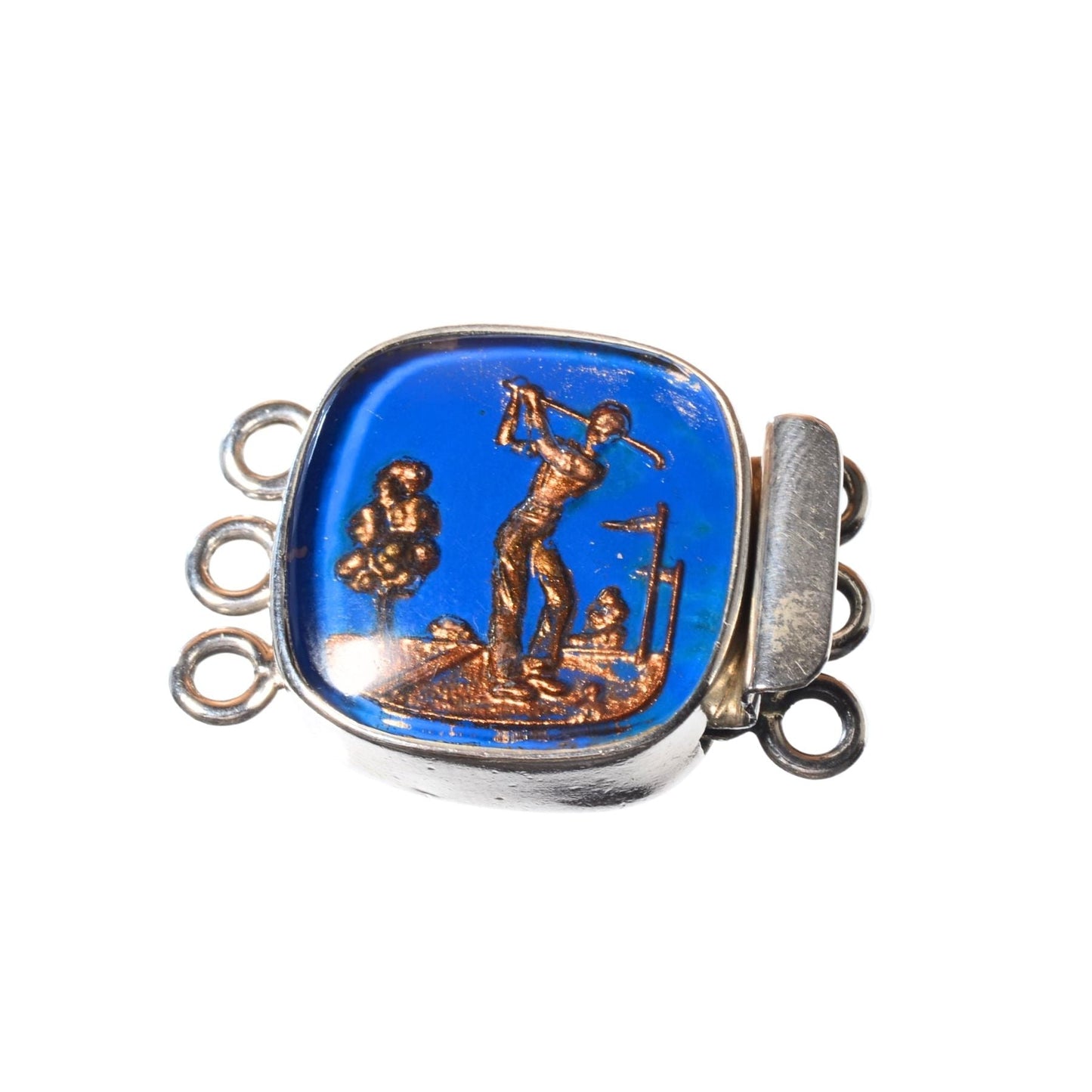 Sterling Silver Golf Scene Clasp with Blue Glass Inlay - 3 Strand