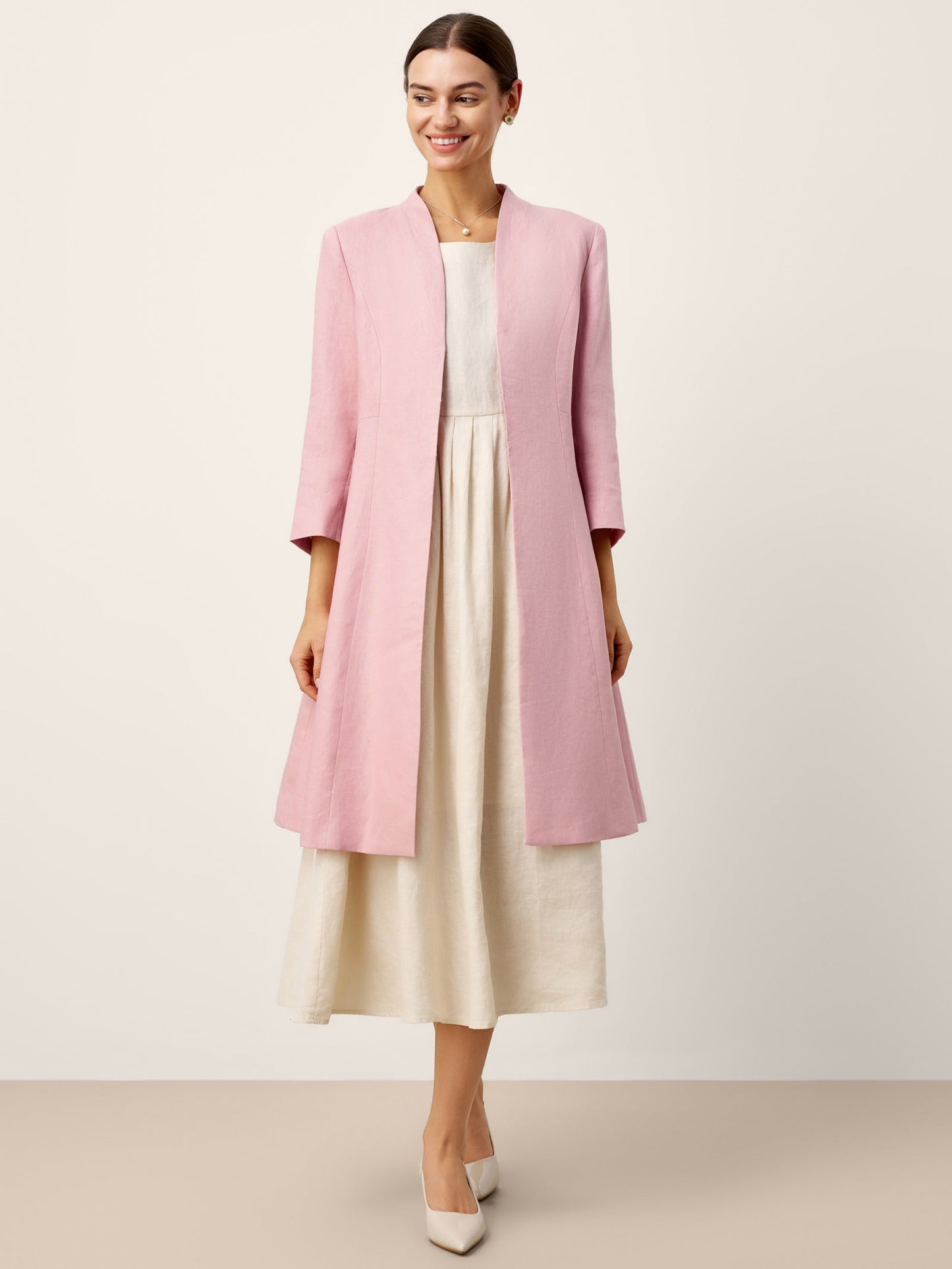 100% Linen Sculpted Waist V-neck Longline Jacket Top AZURA