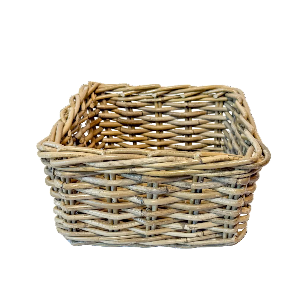 Woven rectangular basket on a white background