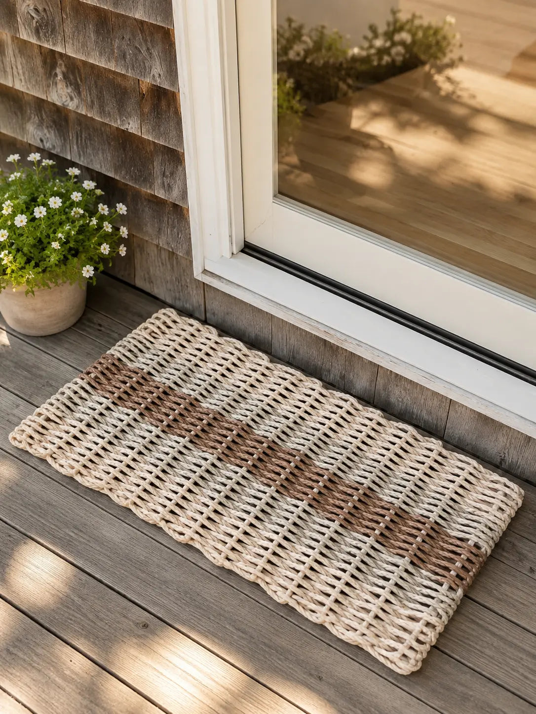 A rectangular woven natural-fiber doormat with a scalloped edge, placed on a wooden deck in front of a glass door. The mat has a light beige base with a horizontal band of medium brown woven stripes.