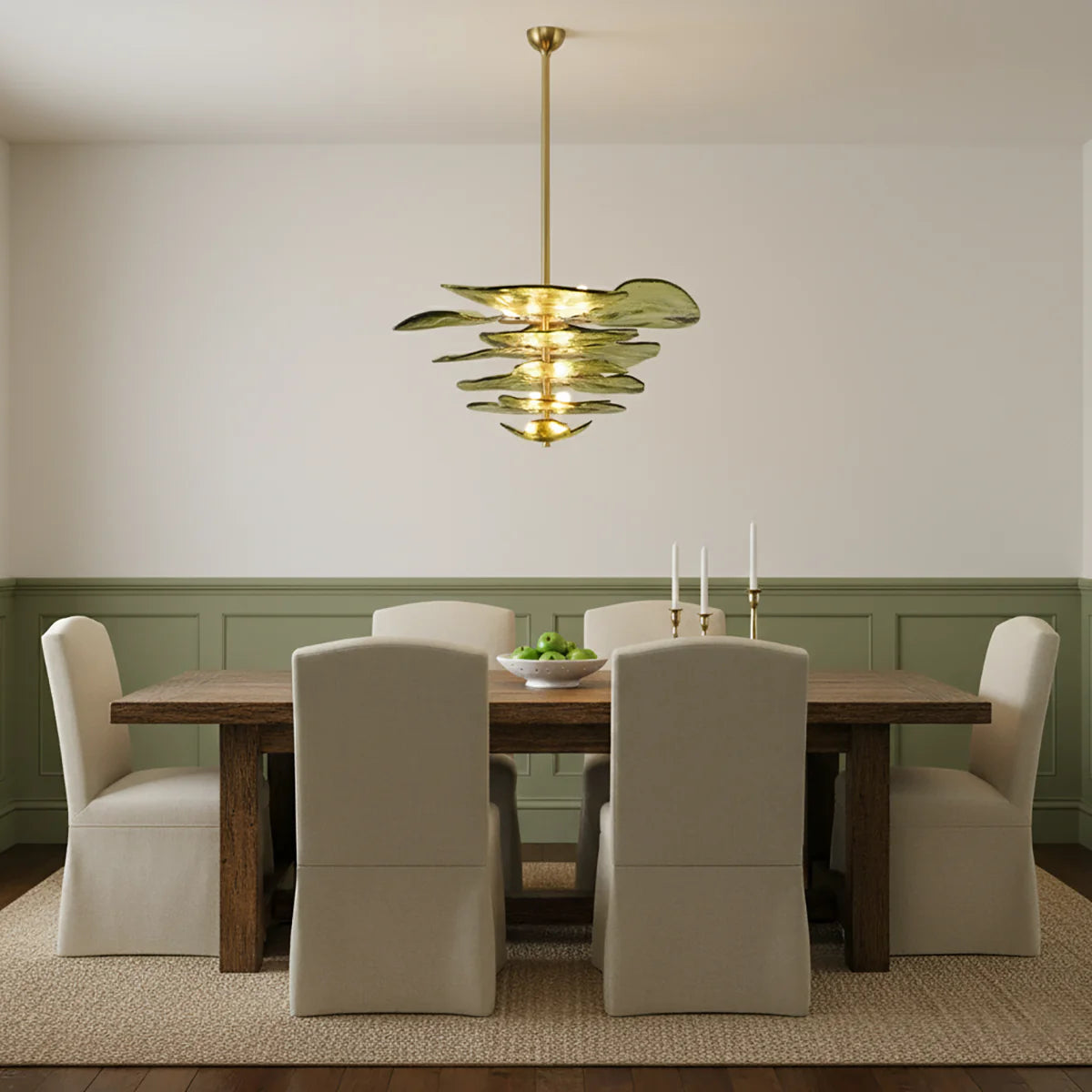 Leaf Shaped Green Textured Glass Chandelier