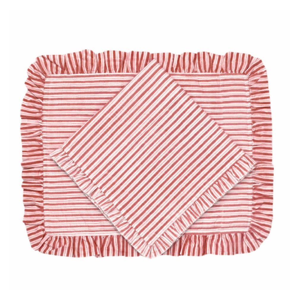 A set of three square ruffled placemats in a red and white striped pattern, stacked neatly on a solid white background.