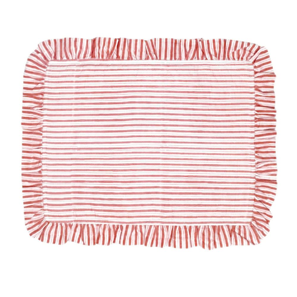 A rectangular fringed textile with horizontal red and white stripes, photographed flat against a plain white background.