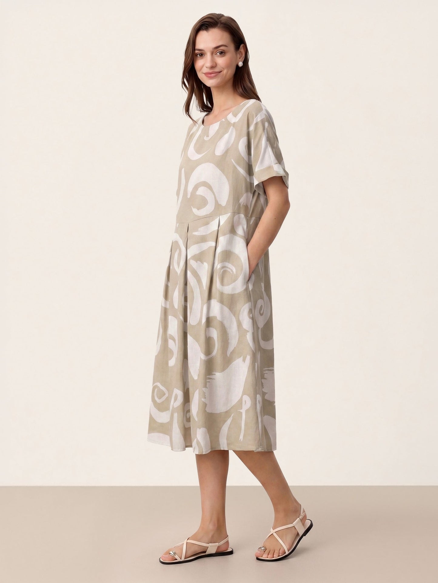 Linen Abstract-Print Pleated-Waist Midi Dress PRIYA