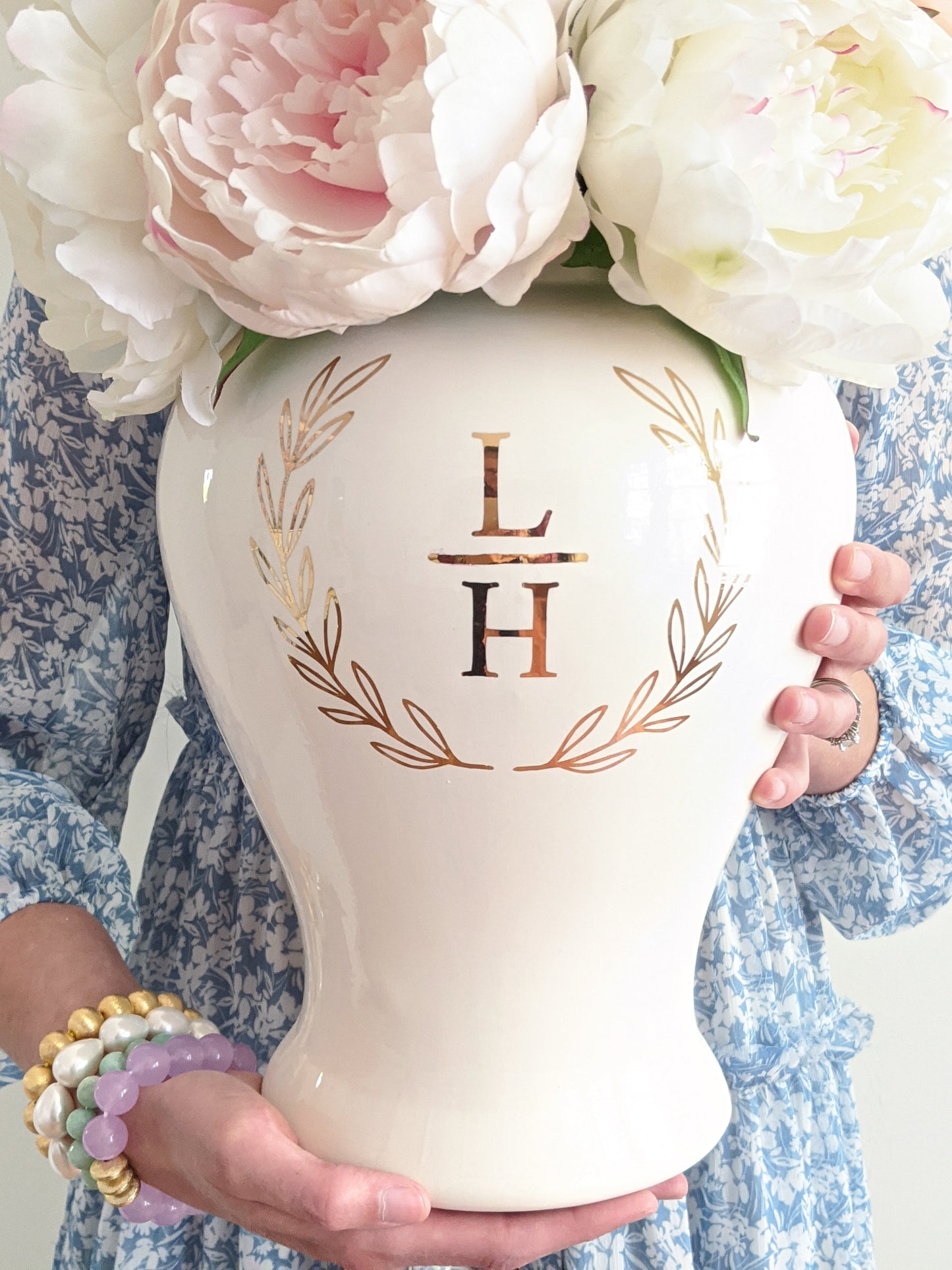 Laurel Wreath Monogram Ginger Jars in French Blue