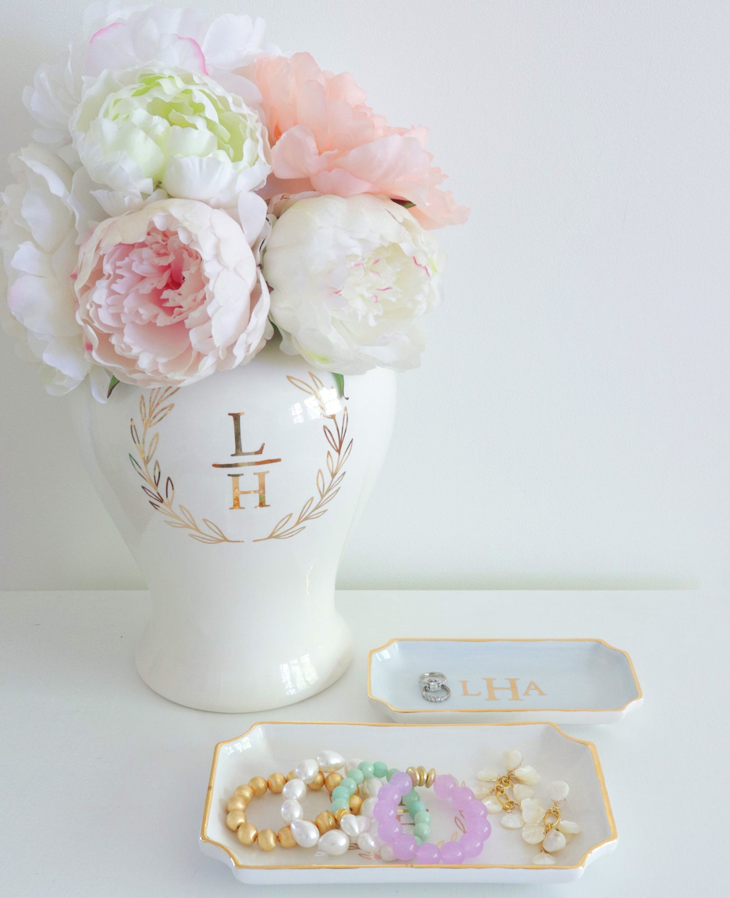 Laurel Wreath Monogram Ginger Jars in Hydrangea Light Blue
